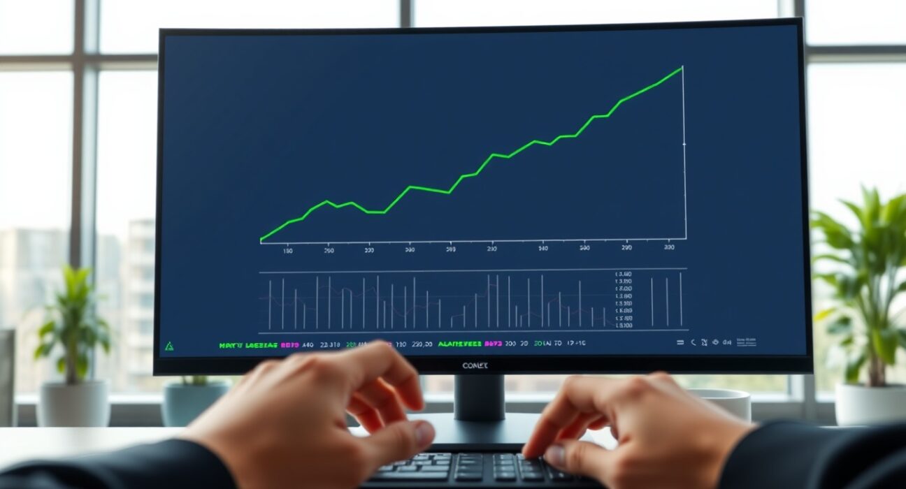 Professional trading desk monitor showing an upward-trending chart for Bitcoin ETF inflows.