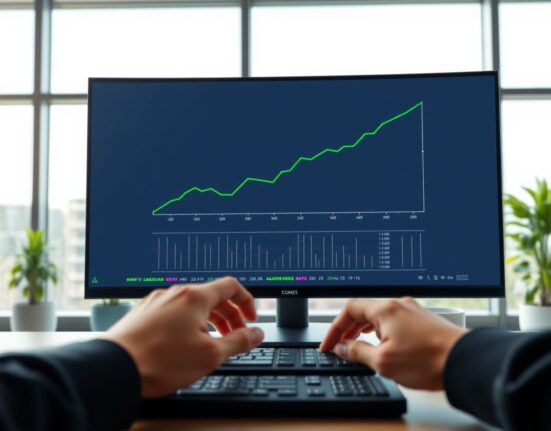 Professional trading desk monitor showing an upward-trending chart for Bitcoin ETF inflows.