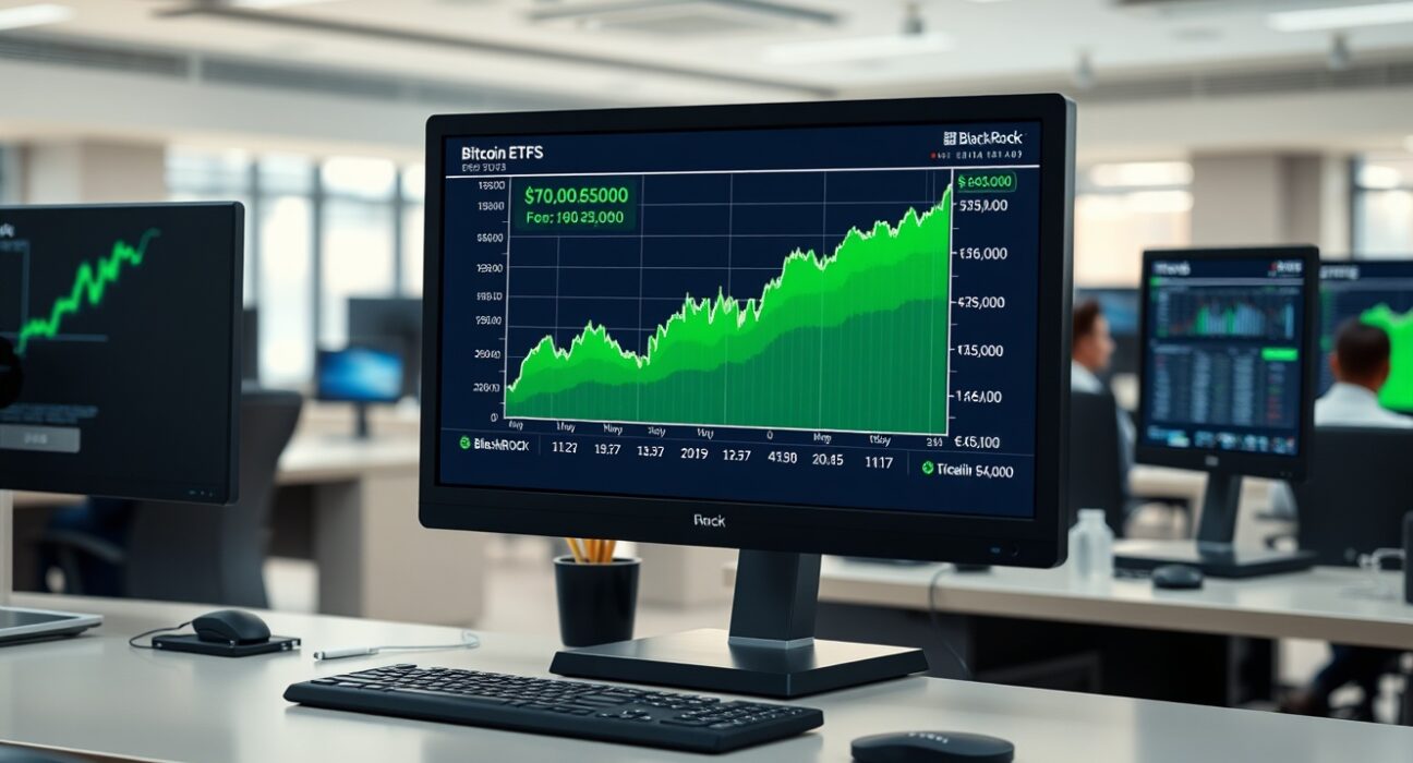 Trading desk monitors showing Bitcoin ETF performance with upward trend