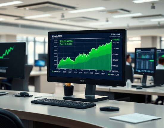 Trading desk monitors showing Bitcoin ETF performance with upward trend