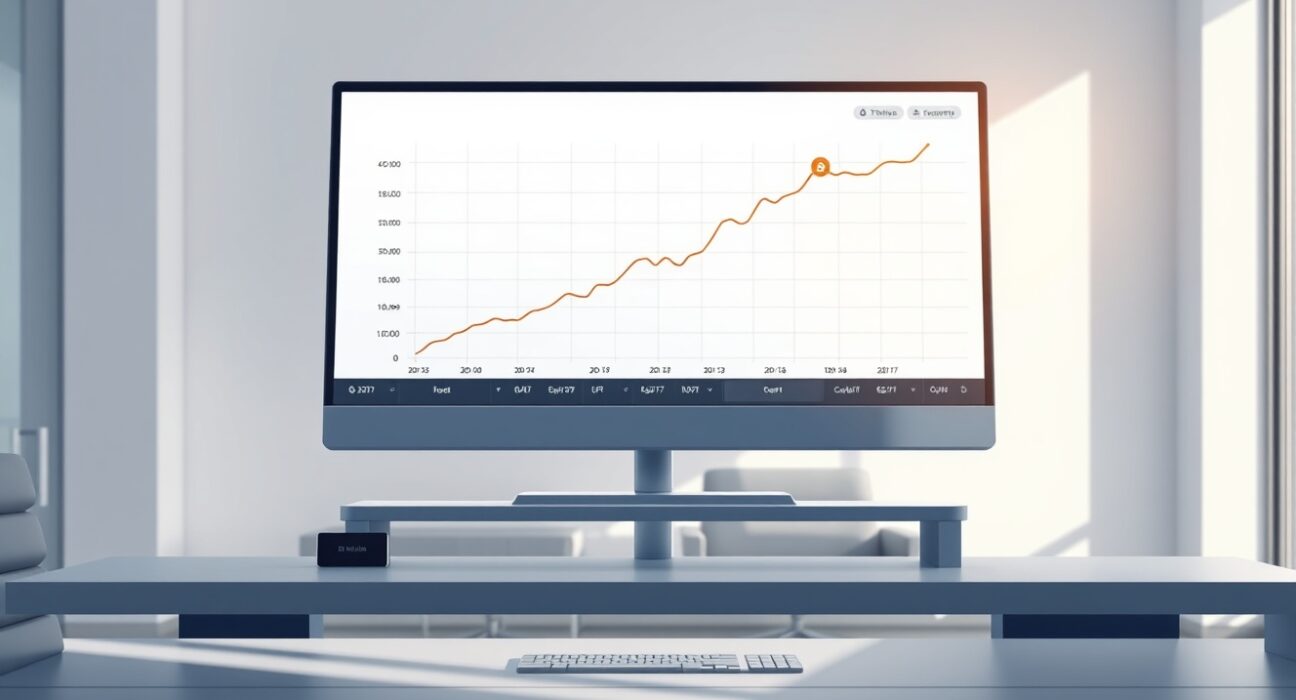 Professional trading desk monitor showing a rising Bitcoin ETF investment chart.