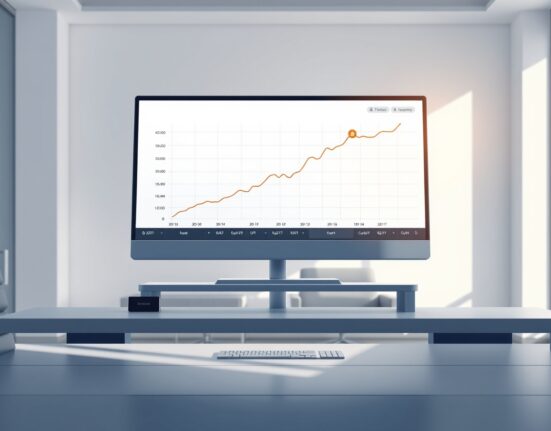 Professional trading desk monitor showing a rising Bitcoin ETF investment chart.