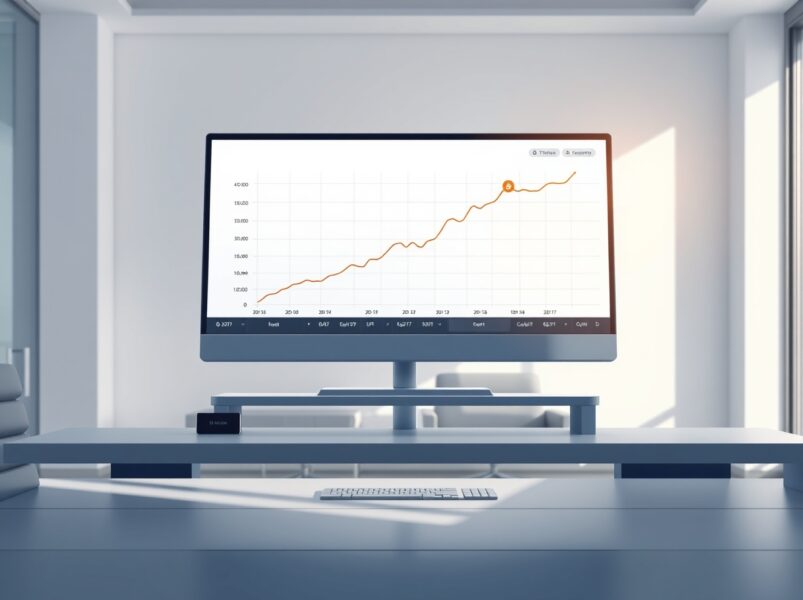 Professional trading desk monitor showing a rising Bitcoin ETF investment chart.