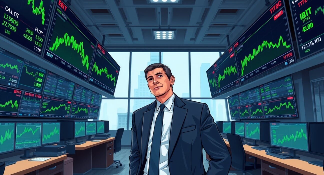 Bitcoin ETF net inflow chart displayed on trading floor screens, highlighting positive market movement.