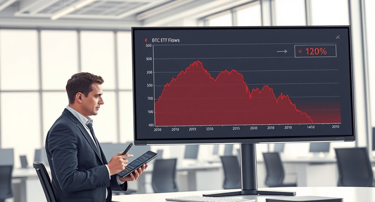 Analyst reviewing a sharp decline in Bitcoin ETF flow data on a trading desk monitor.