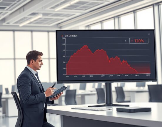 Analyst reviewing a sharp decline in Bitcoin ETF flow data on a trading desk monitor.