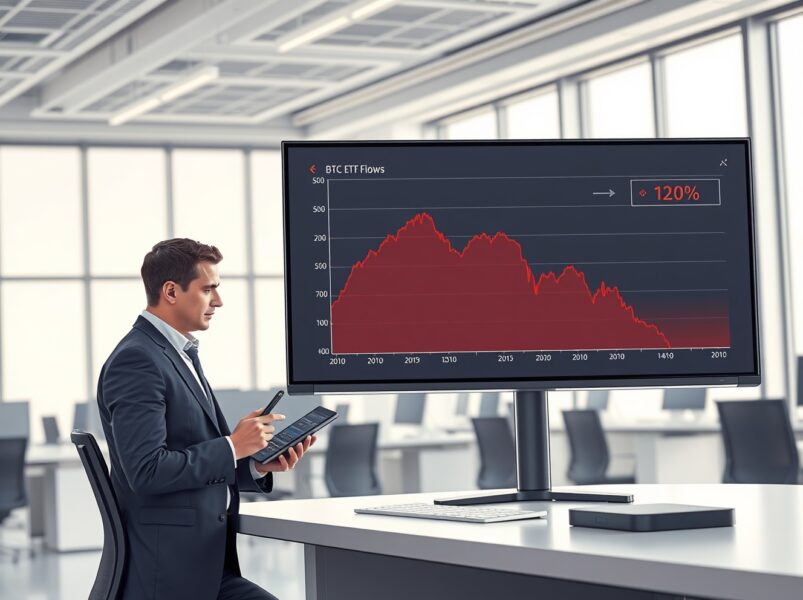 Analyst reviewing a sharp decline in Bitcoin ETF flow data on a trading desk monitor.