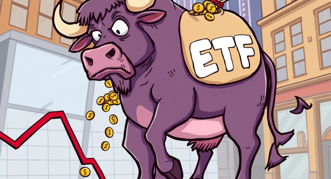 Cartoon illustration of a Bitcoin ETF bull losing coins, symbolizing major investment outflow.