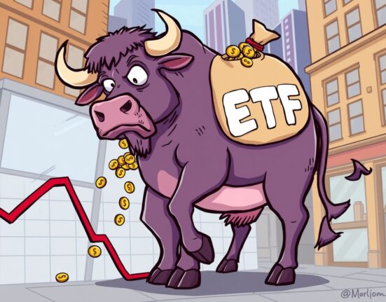 Cartoon illustration of a Bitcoin ETF bull losing coins, symbolizing major investment outflow.
