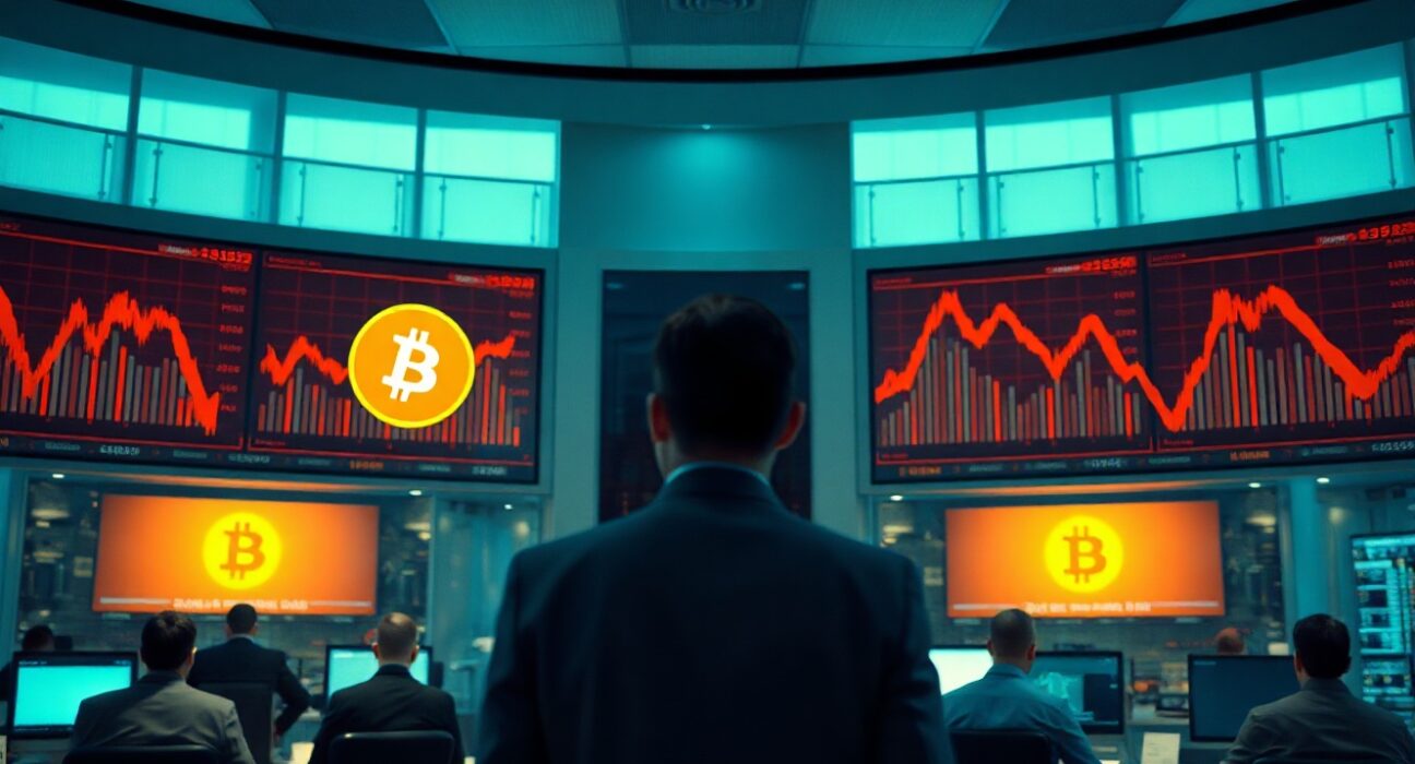 Trading floor screens show Bitcoin price charts with red downward arrows