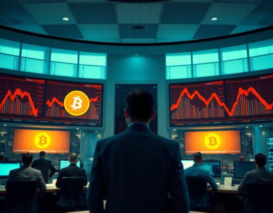 Trading floor screens show Bitcoin price charts with red downward arrows