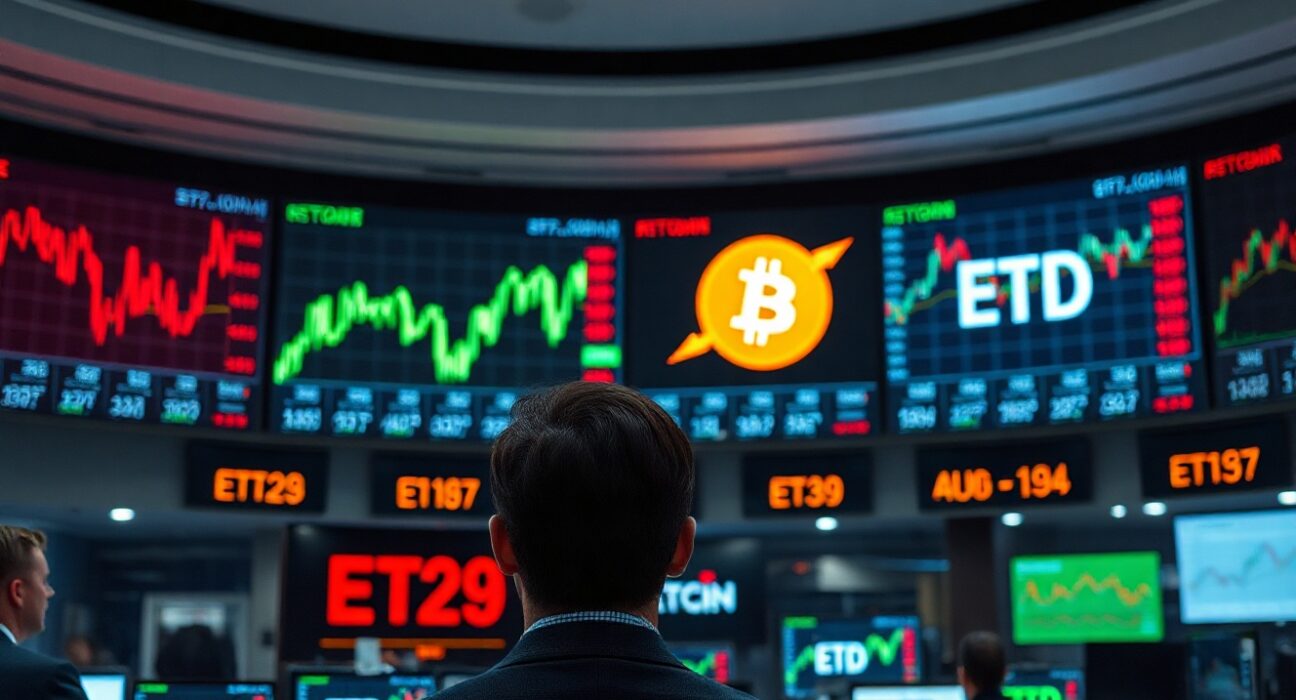 Trading floor screens showing Bitcoin price and ETF data