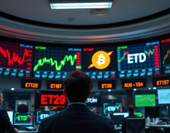 Trading floor screens showing Bitcoin price and ETF data
