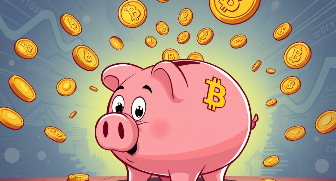 Bitcoin ETF outflow illustrated as coins draining from a cartoon piggy bank