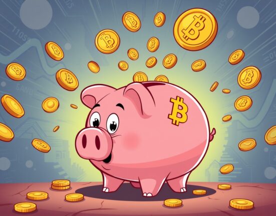 Bitcoin ETF outflow illustrated as coins draining from a cartoon piggy bank