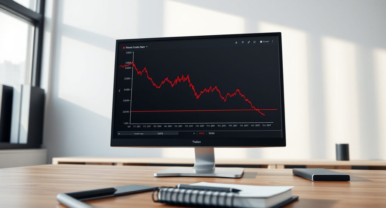 Analyst monitoring a sharp decline in Bitcoin ETF performance data on a trading desk.
