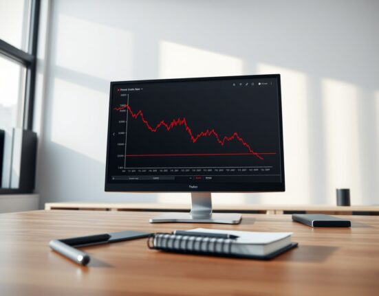 Analyst monitoring a sharp decline in Bitcoin ETF performance data on a trading desk.