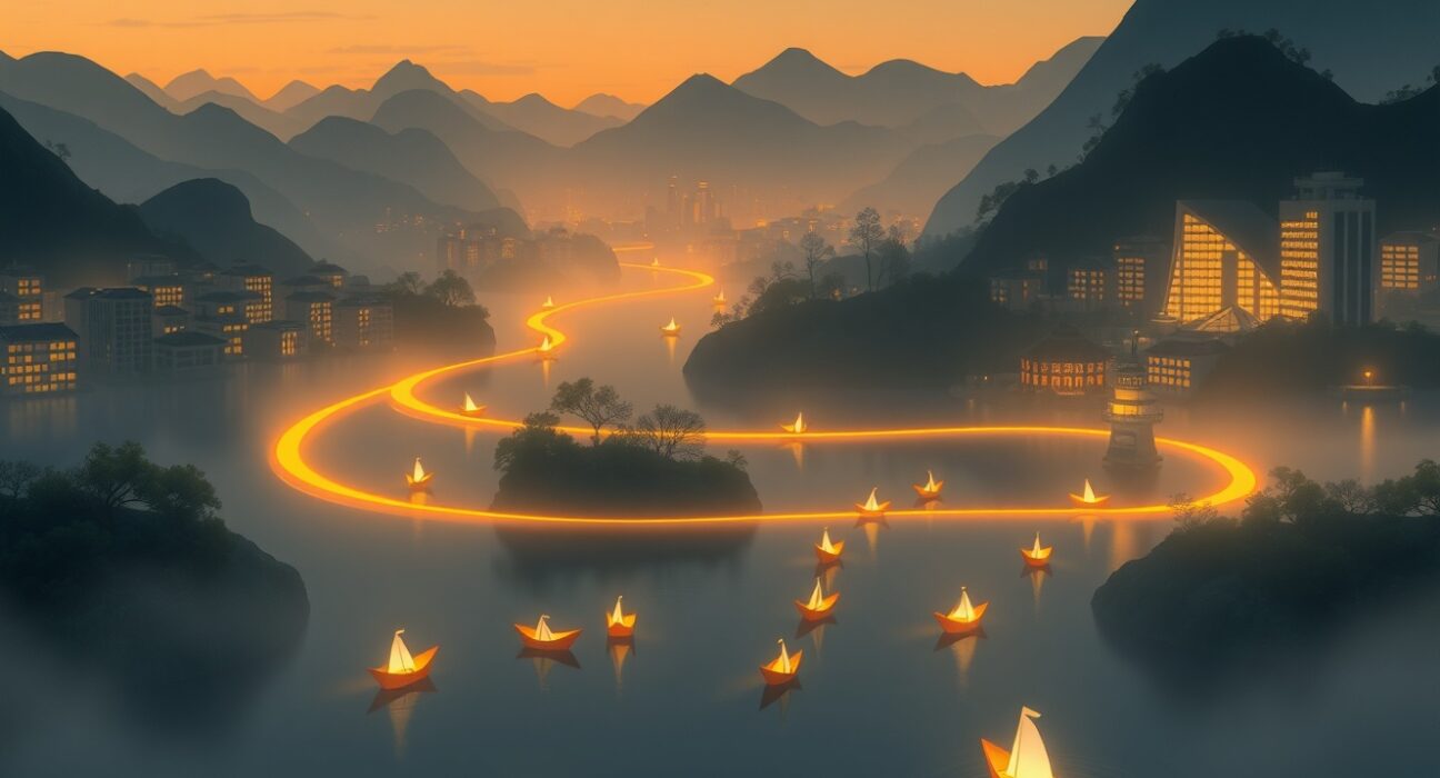 Conceptual Ghibli-style art representing capital outflow from Bitcoin ETFs as a gentle river of light.