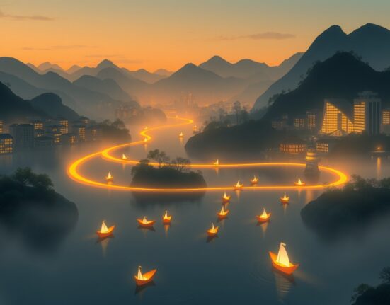 Conceptual Ghibli-style art representing capital outflow from Bitcoin ETFs as a gentle river of light.