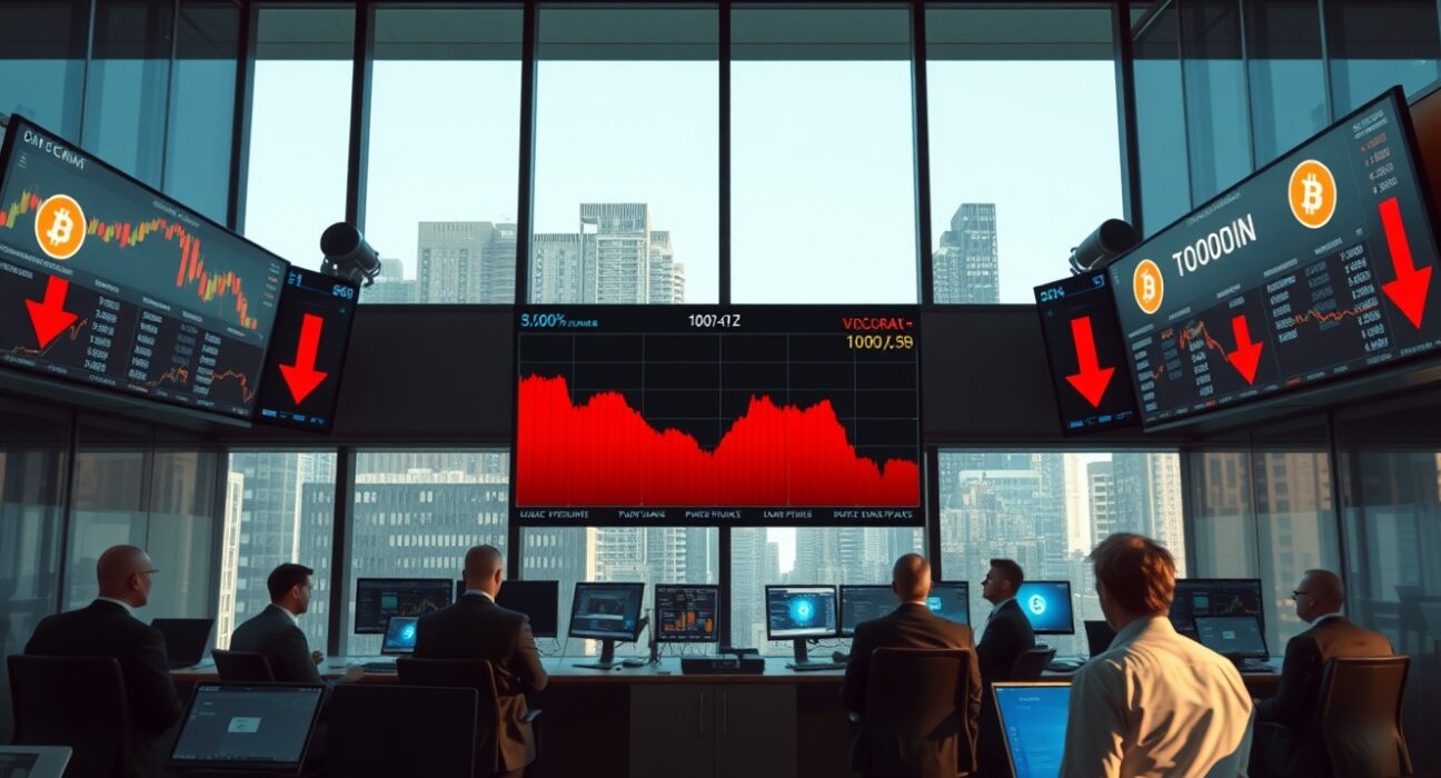 Financial trading floor with Bitcoin price charts showing red declines