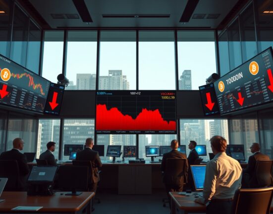Financial trading floor with Bitcoin price charts showing red declines