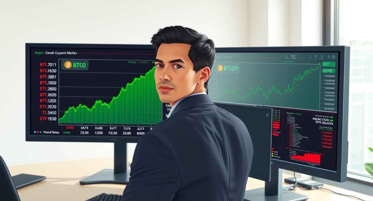 Financial analyst monitoring Bitcoin ETF market data showing positive inflows and trend reversal