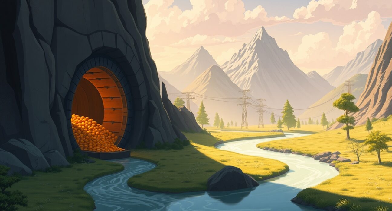 Metaphor for Bitcoin ETF capital outflow as a serene river leaving a treasure vault.