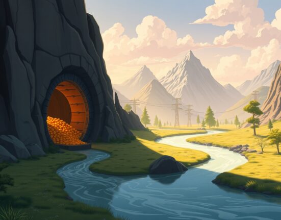 Metaphor for Bitcoin ETF capital outflow as a serene river leaving a treasure vault.