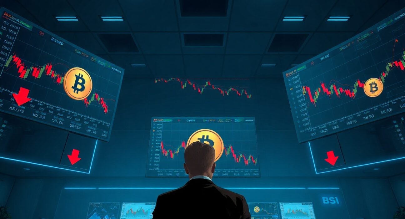 Trader monitoring Bitcoin ETF outflows on multiple screens in a professional trading environment.