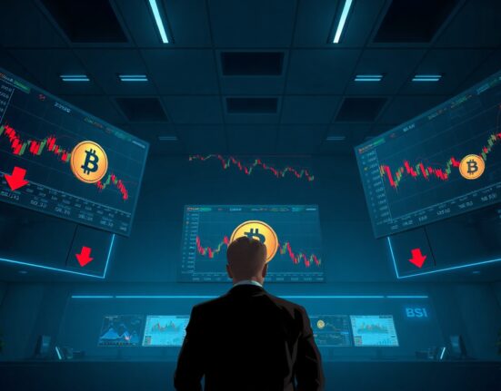 Trader monitoring Bitcoin ETF outflows on multiple screens in a professional trading environment.