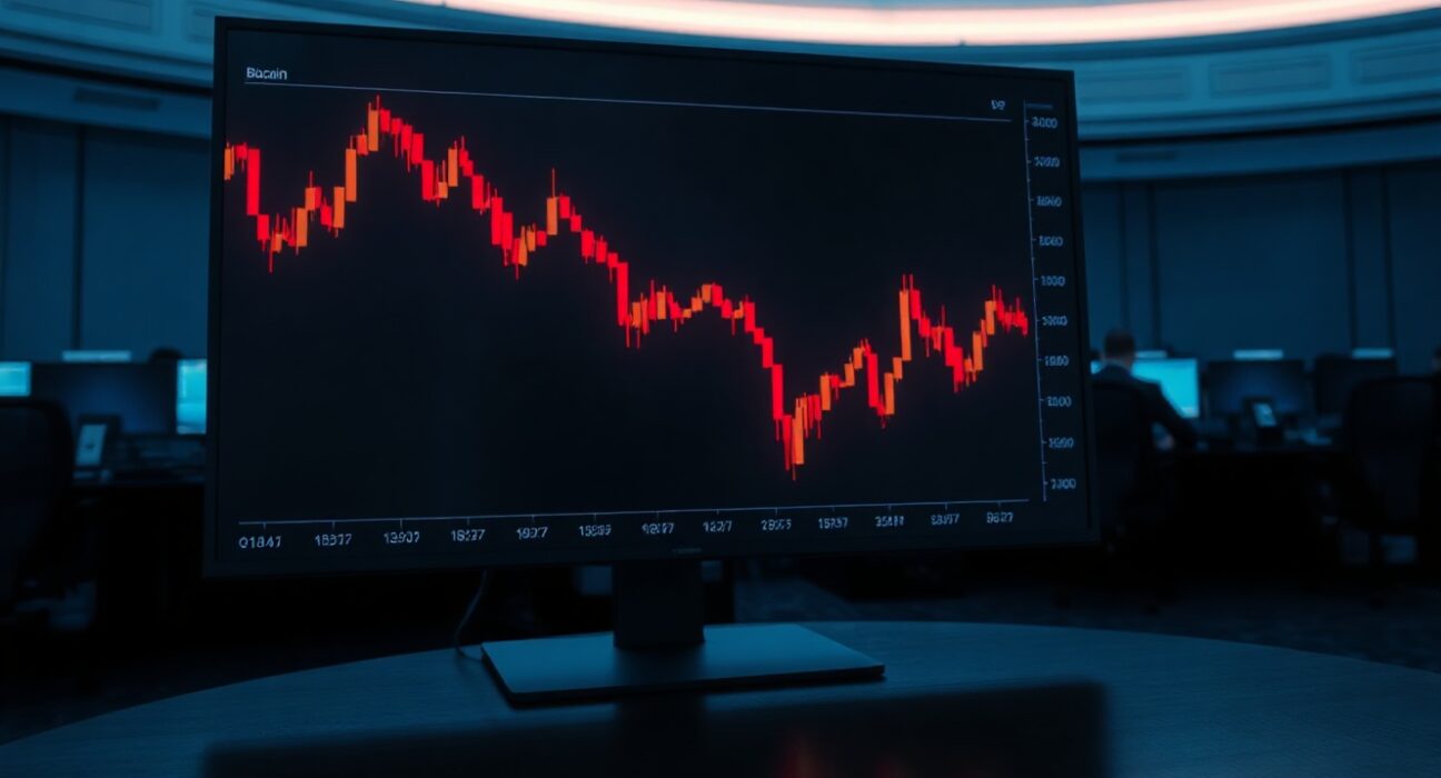 Downward trending Bitcoin price chart on a trading floor display, indicating ETF outflows.