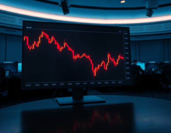 Downward trending Bitcoin price chart on a trading floor display, indicating ETF outflows.