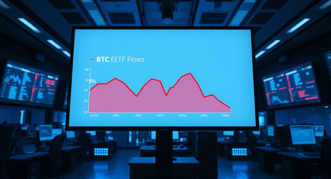 A financial data screen showing a red downward chart for Bitcoin ETF flows, indicating sustained outflows.