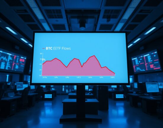 A financial data screen showing a red downward chart for Bitcoin ETF flows, indicating sustained outflows.