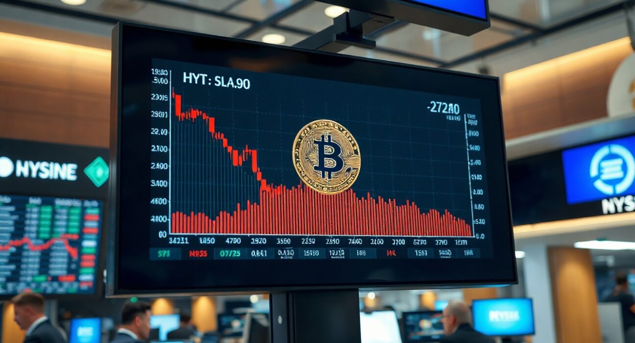 Digital display showing a declining Bitcoin price chart on a trading floor