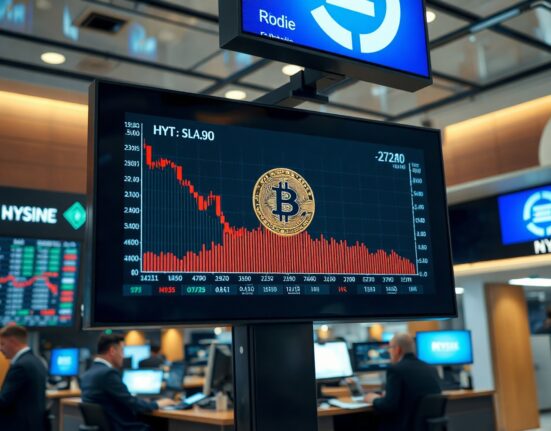 Digital display showing a declining Bitcoin price chart on a trading floor