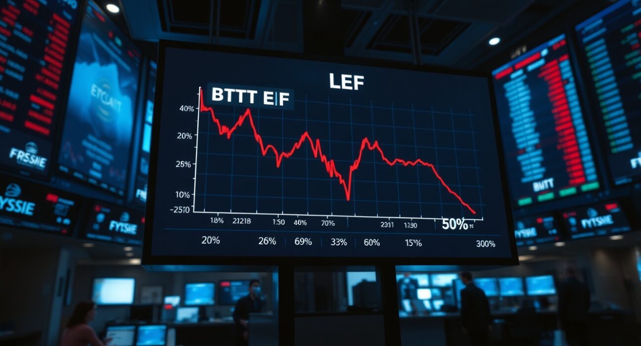 Digital display on trading floor showing red Bitcoin ETF outflow chart