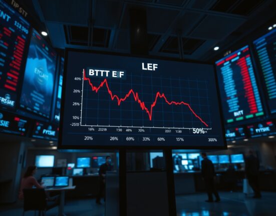 Digital display on trading floor showing red Bitcoin ETF outflow chart