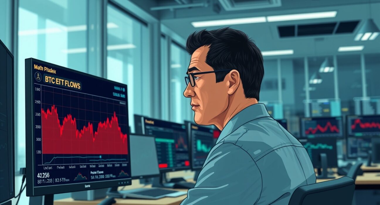 Financial analyst monitoring Bitcoin ETF outflow data on trading desk monitors.