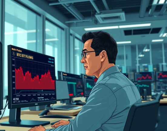 Financial analyst monitoring Bitcoin ETF outflow data on trading desk monitors.