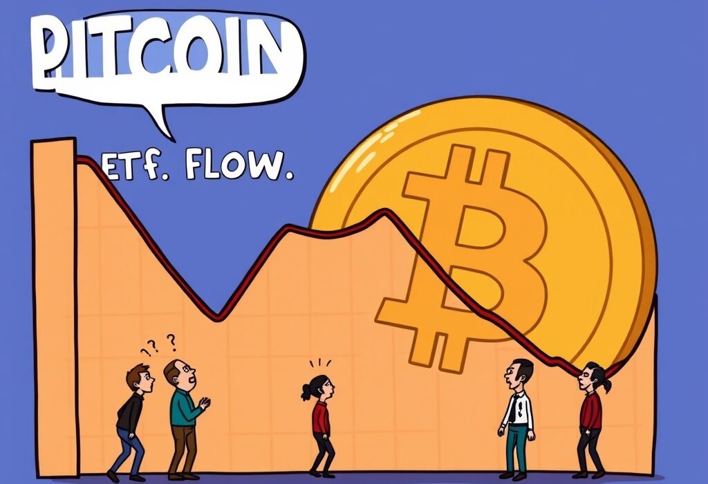 A cartoon image illustrating the concept of Bitcoin ETF outflows, showing a downward financial trend impacting investor sentiment.