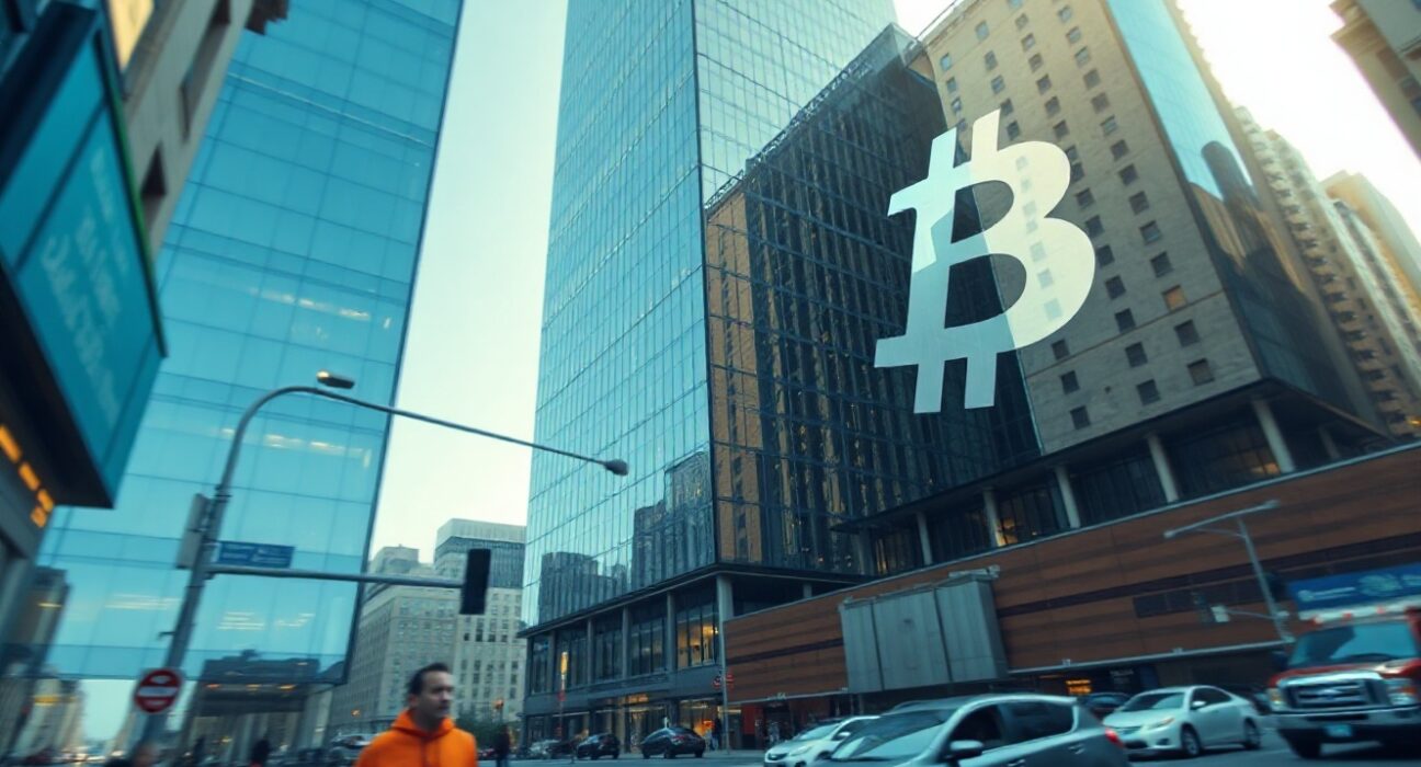 A modern financial building with a Bitcoin symbol reflected on its glass facade, representing Bitcoin ETF market activity.