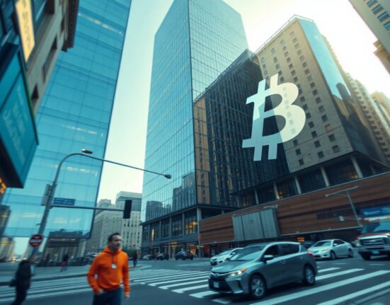 A modern financial building with a Bitcoin symbol reflected on its glass facade, representing Bitcoin ETF market activity.