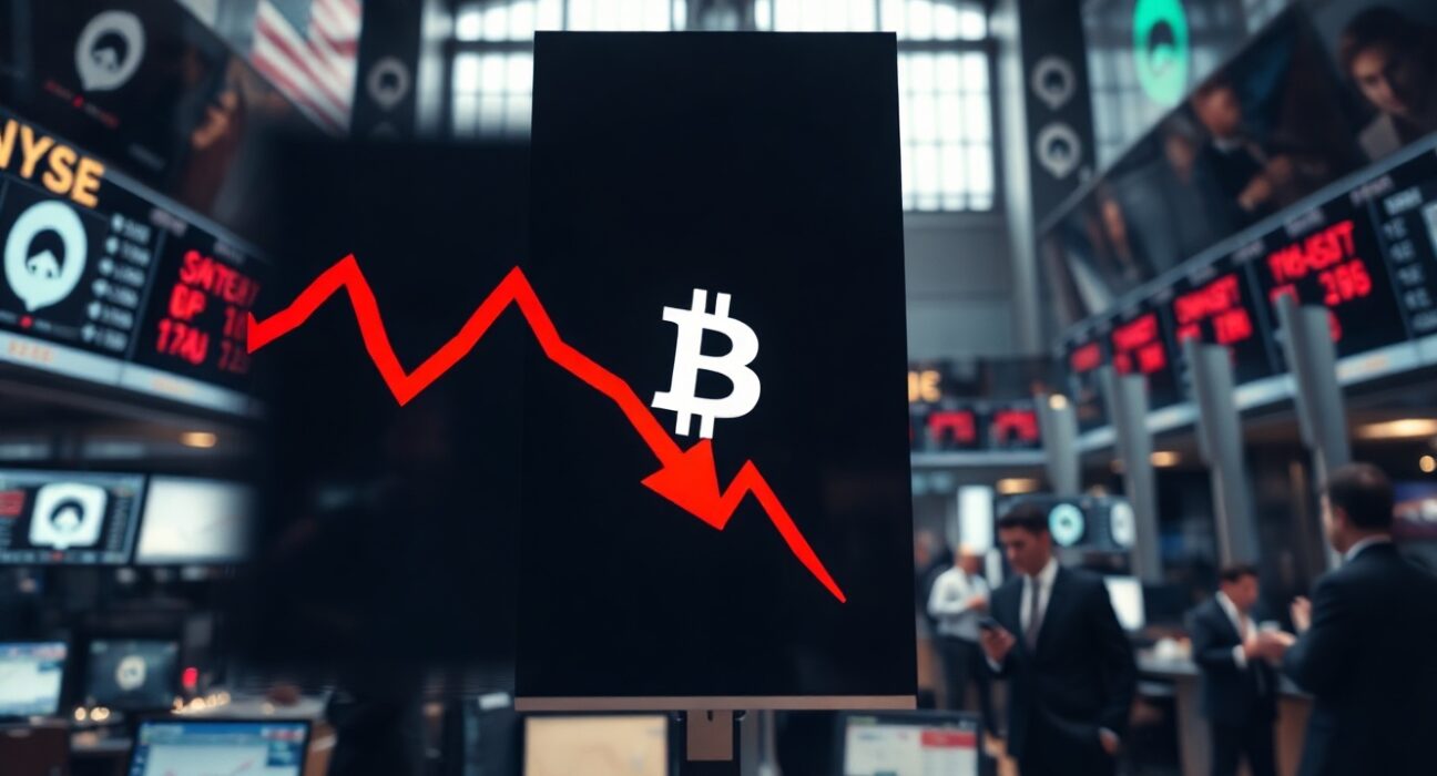 Trading floor display showing Bitcoin ETF outflows with red downward arrow