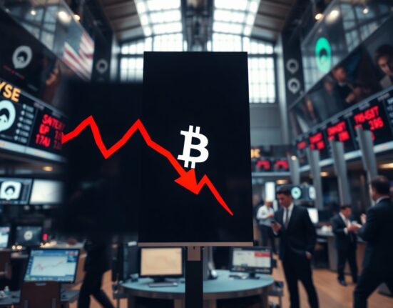 Trading floor display showing Bitcoin ETF outflows with red downward arrow