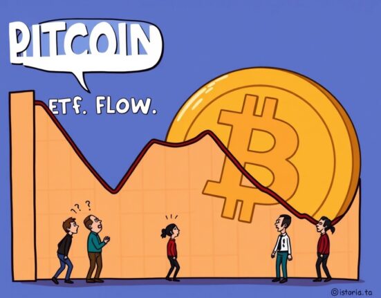 A cartoon image illustrating the concept of Bitcoin ETF outflows, showing a downward financial trend impacting investor sentiment.