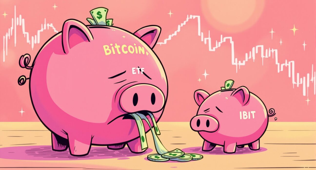A cartoon illustration depicting money flowing out of a 'Bitcoin ETF' piggy bank, symbolizing recent outflows and market shifts in the crypto investment landscape.