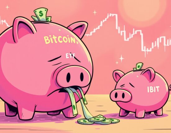 A cartoon illustration depicting money flowing out of a 'Bitcoin ETF' piggy bank, symbolizing recent outflows and market shifts in the crypto investment landscape.