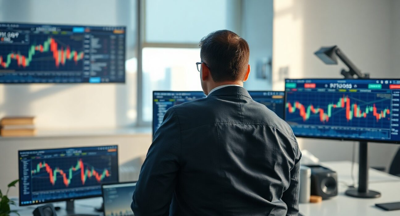 Financial analyst reviewing Bitcoin ETF flow data on multiple monitors in a modern office