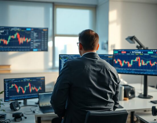 Financial analyst reviewing Bitcoin ETF flow data on multiple monitors in a modern office